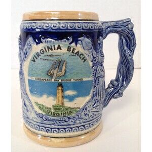 Vtg German Beer Stein Coffee Mug Virginia Beach Blue Embossed No Lid 5"